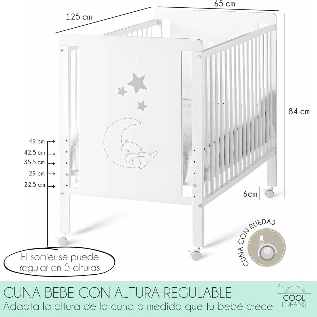 Cuna Colecho dla niemowląt, Zestaw do łączenia łóżeczka z łóżkiem, Materac HR Morfeo z certyfikatem Oeko-Tex® i CertiPUR, 4 kółka, Prześcieradło z gumką i poszwa na kołdrę z naturalnej bawełny. Indi CoolDreams CoolDreams