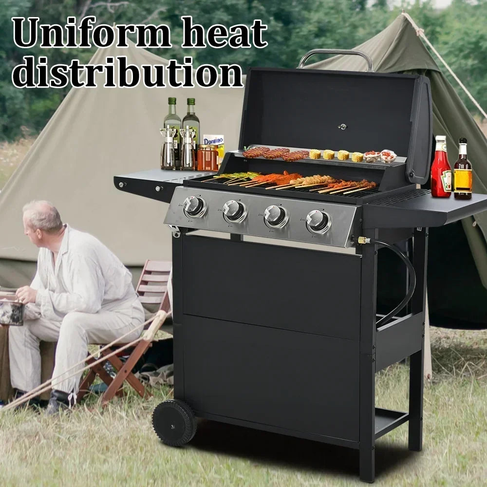 Grill gazowy SEGMART 4-palnikowy ze stali nierdzewnej 2026 – 34 200 BTU, grill ogrodowy/patio z dwoma składanymi półkami i termometrem, idealny na kemping i do gotowania na świeżym powietrzu