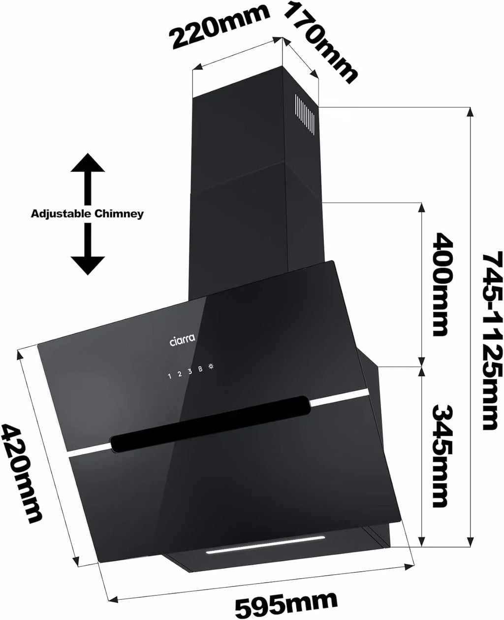 CIARRA CBCB6736F Okap kuchenny 60cm Klasa A+++ Wi-Fi App Touch-Booster Odprowadzanie zewnętrzne i Recyrkulacja wewnętrzna przez filtr węglowy CBCF003