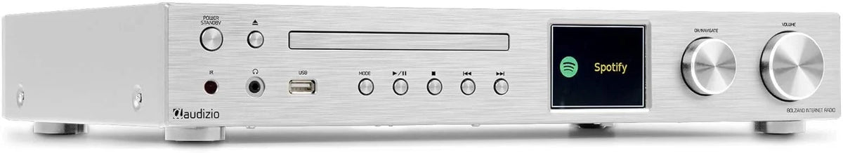 Audizio Bolzano - Radio internetowa DAB+ i FM WLAN Bluetooth, odtwarzacz CD, Spotify Connect, budzik, 40 000 stacji, pilot i sterowanie za pomocą aplikacji, złącze Toslink i subwoofer, srebrna
