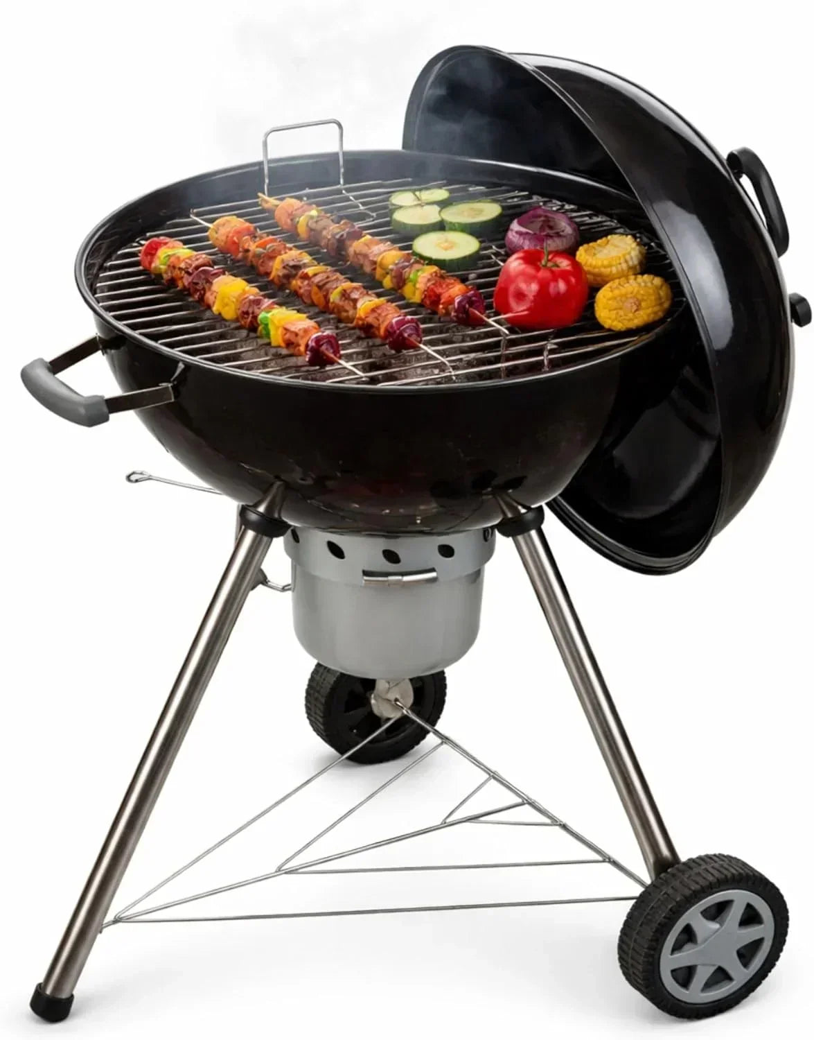 Amig - Grill węglowy Fireplus Charcoal BBQ XXL - Ruszt stalowy 57x42cm - Z kółkami i bocznymi półkami - Duży, przenośny rożen - Pojemnik na popiół - 131x116,5x56cm