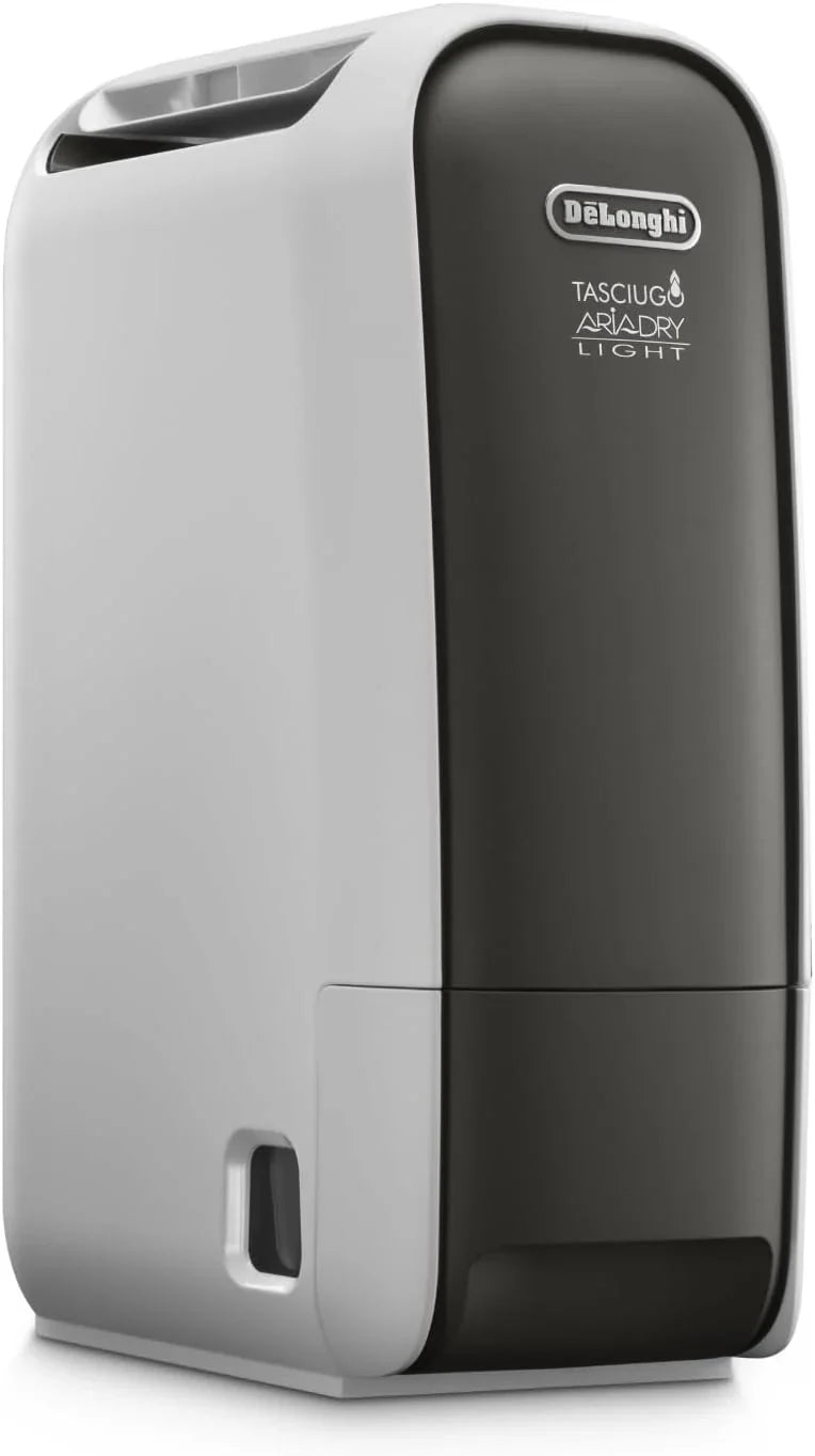 De'Longhi Tasciugo AriaDry Light - Przenośny osuszacz powietrza z technologią Zeolite i jonizatorem, usuwa do 6 l/dzień, suszy ubrania, zapobiega pleśni, cichy, funkcja swing i timer, szary (DNS65)