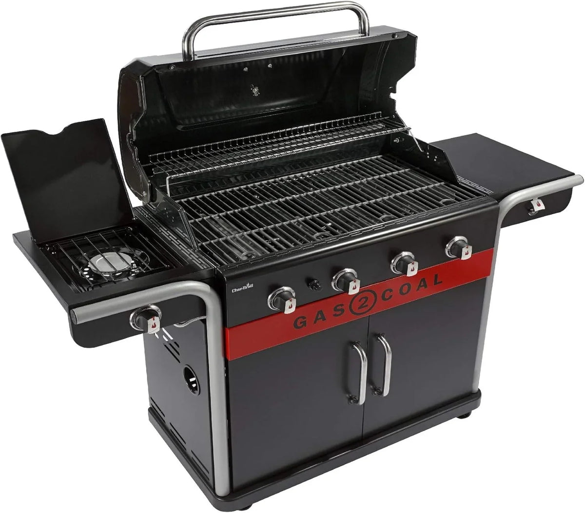 Char-Broil Grill Gazowy Gas2Coal 2.0 440 - 4-palnikowy grill hybrydowy z 2 opatentowanymi tackami na węgiel, 2 dużymi drzwiami - Idealny do gotowania na zewnątrz, do ogrodu i na patio