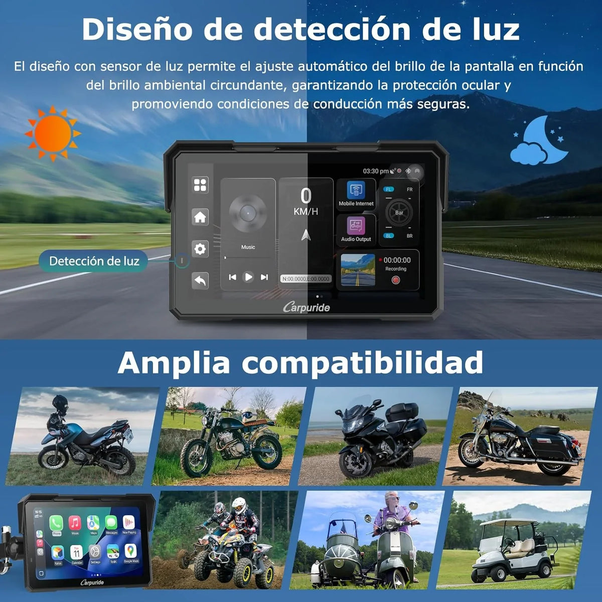 Caruride W702 Plus Android 14 Motocyklowy Wyświetlacz Carplay z Podwójną Kamerą, Bezprzewodowy CarPlay i Android Auto, 7-calowy Wodoodporny Ekran Dotykowy, Dźwięk BT, Nagrywanie w Pętli, Nawigacja Online i Offline.