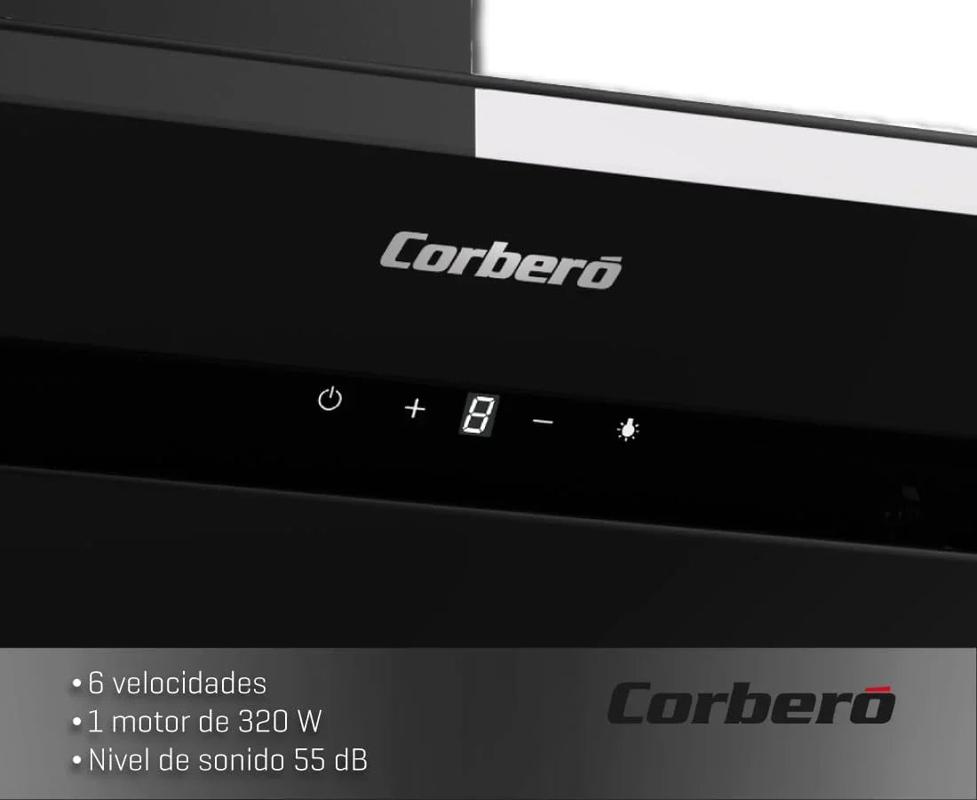 Corberó - Okap Dekoracyjny | NYASA9000B | 90 cm | 3 prędkości, sterowanie dotykowe, wydajność 1000 m3/h | Czarne szkło