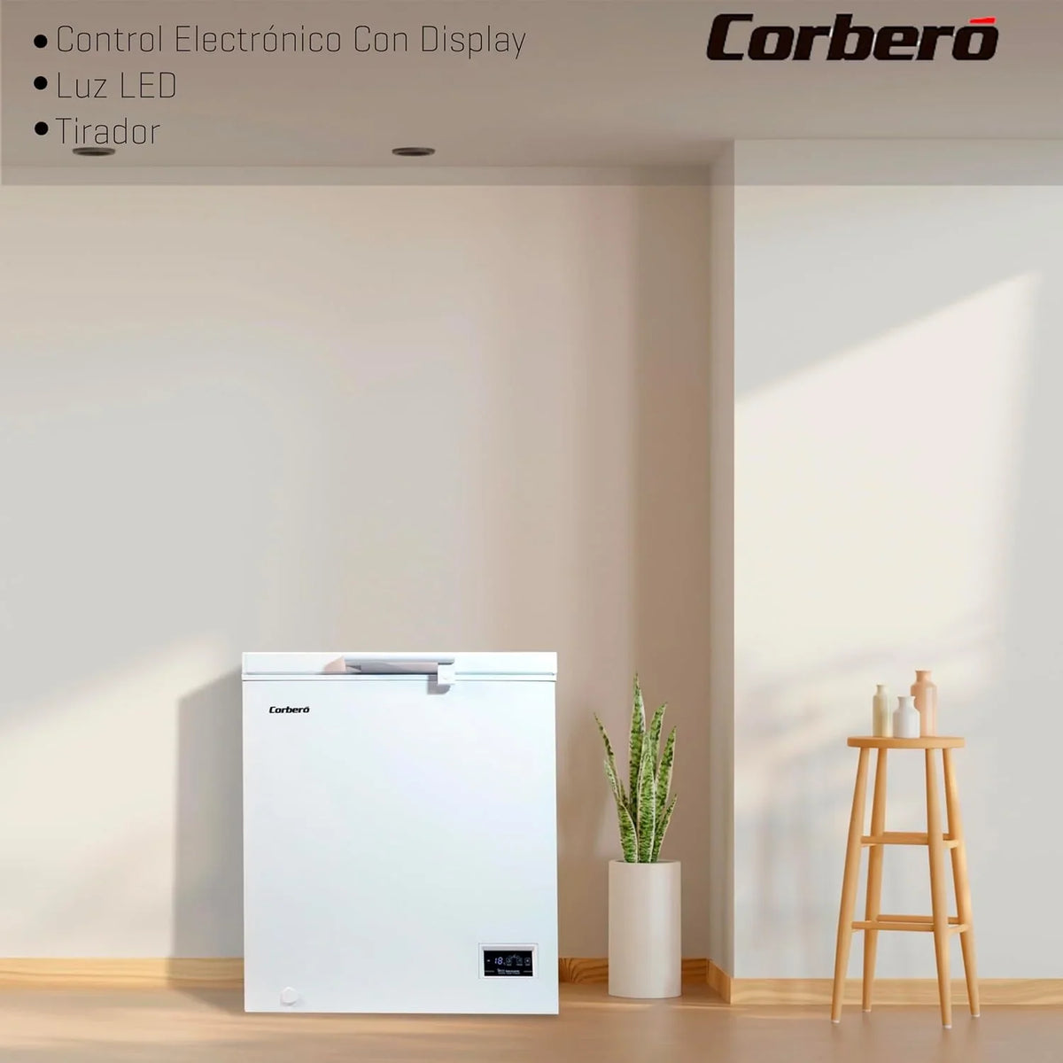 Corbero - Zamrażarka skrzyniowa 142L | CCHH15024E | Elektroniczne sterowanie z wyświetlaczem | Oświetlenie LED | Uchwyt | 1 kosz wewnętrzny | 2 kółka | 2 regulowane nóżki | 40 dB | Klasa energetyczna E | Biała