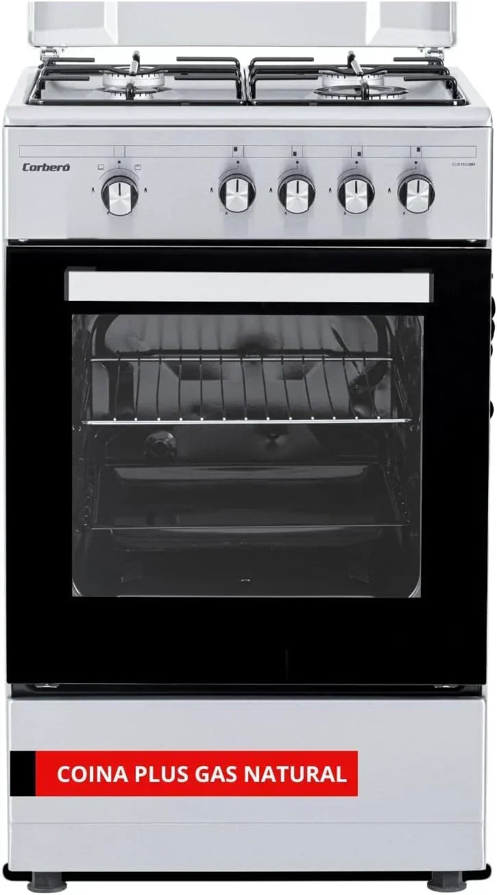 Corberó – Kitchen Plus | 50 cm | CCSF45020BW | 4 palniki gazowe na butan | Piekarnik 43L | Metalowa pokrywa | Podwójne szklane drzwi | Taca i chromowany ruszt | Automatyczne wyłączanie bezpieczeństwa | Biała