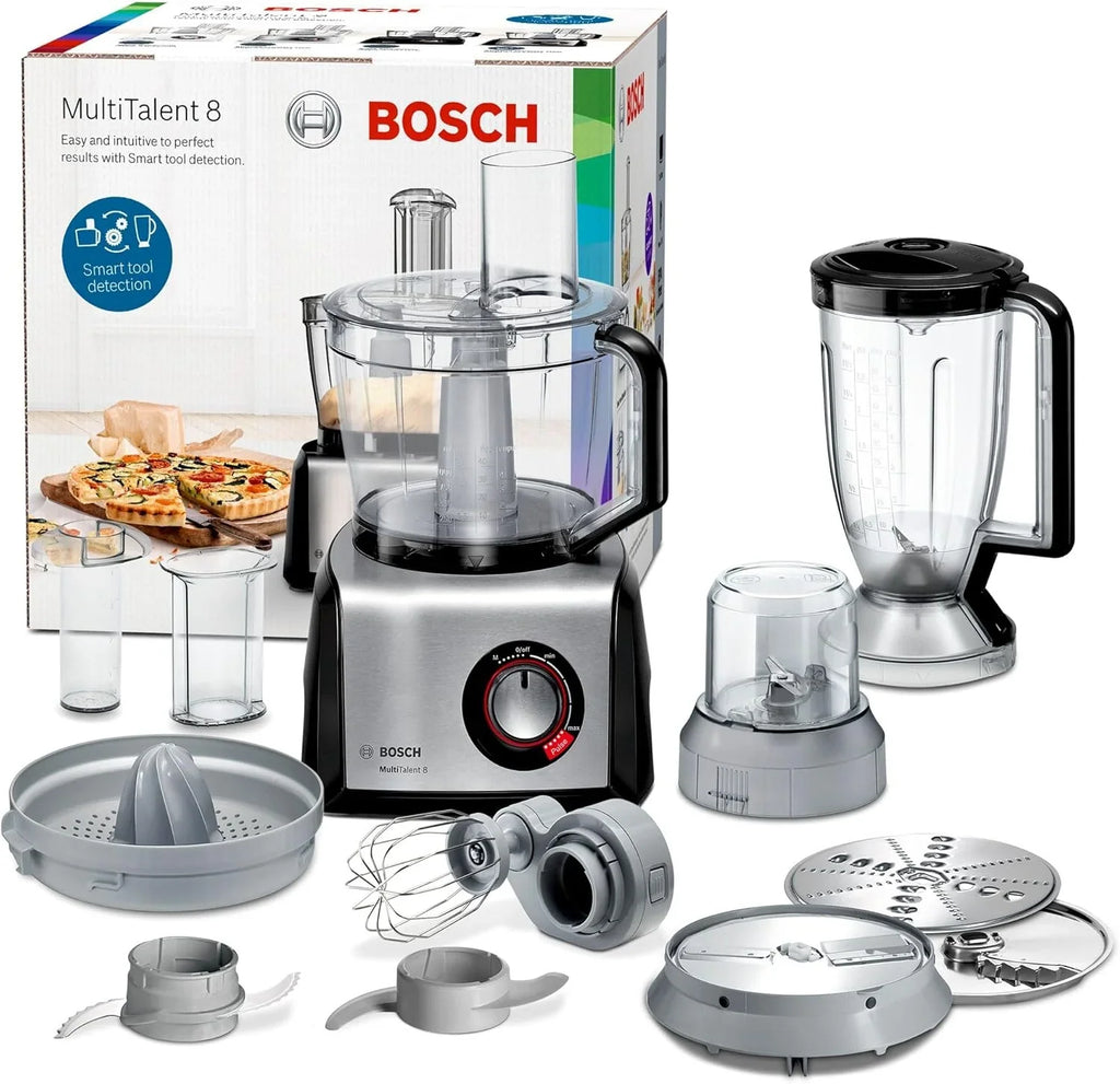Bosch MultiTalent 8, Robot kuchenny z tarczą do frytek i młynkiem do ziaren, 1250 W, duża misa 3,9 l, mikser 1,5 l, wyciskarka do cytrusów, wyświetlacz LED, MC812M844, biały, szczotkowana stal