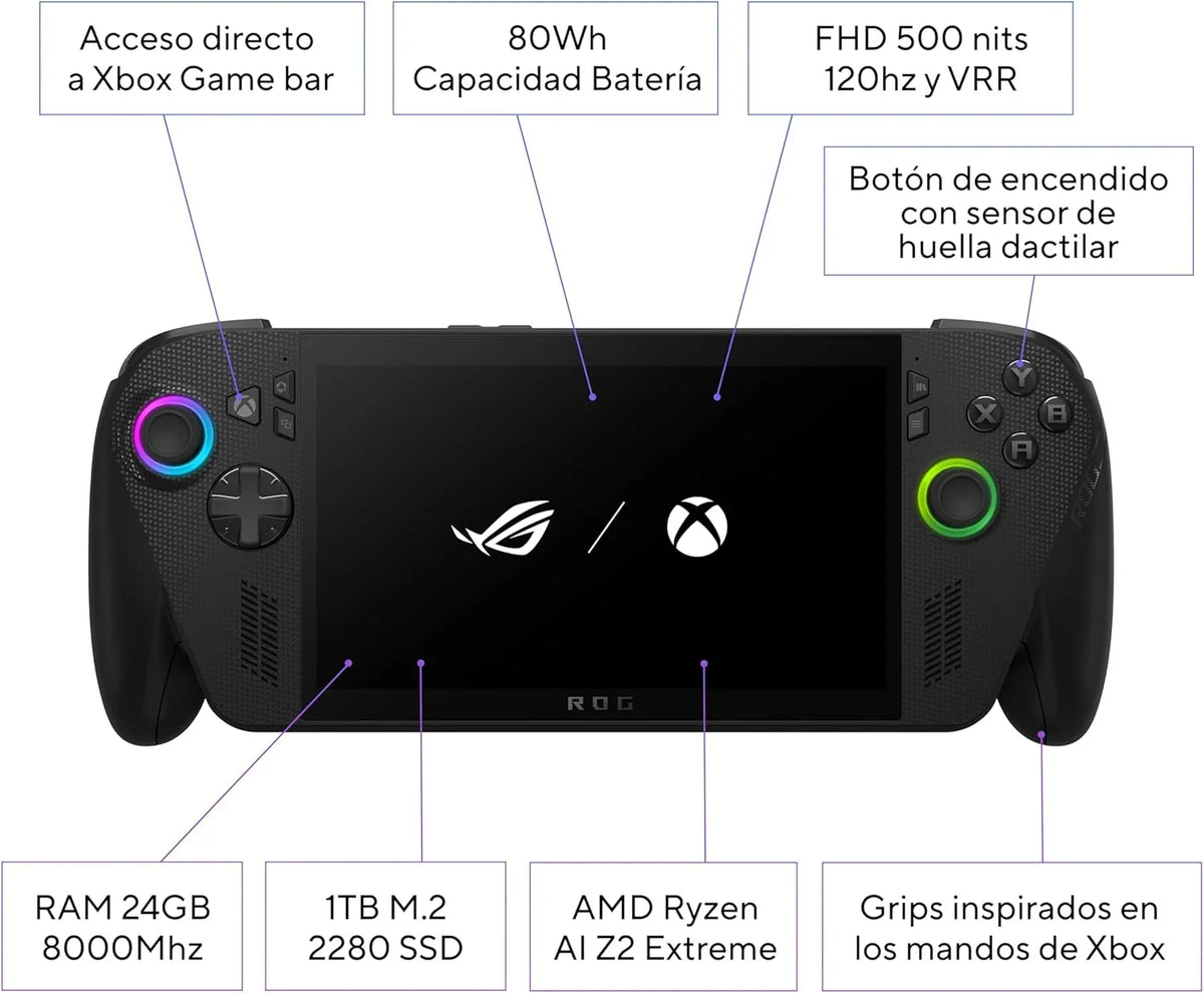 ASUS ROG Ally X - Konsola przenośna do gier 7" Full HD 120Hz (AMD Ryzen AI Z2 Extreme, 24GB RAM, 1TB SSD, Bateria 80Wh, Windows 11, Otrzymaj 3 miesiące darmowego Game Pass Premium) - Kolor Czarny