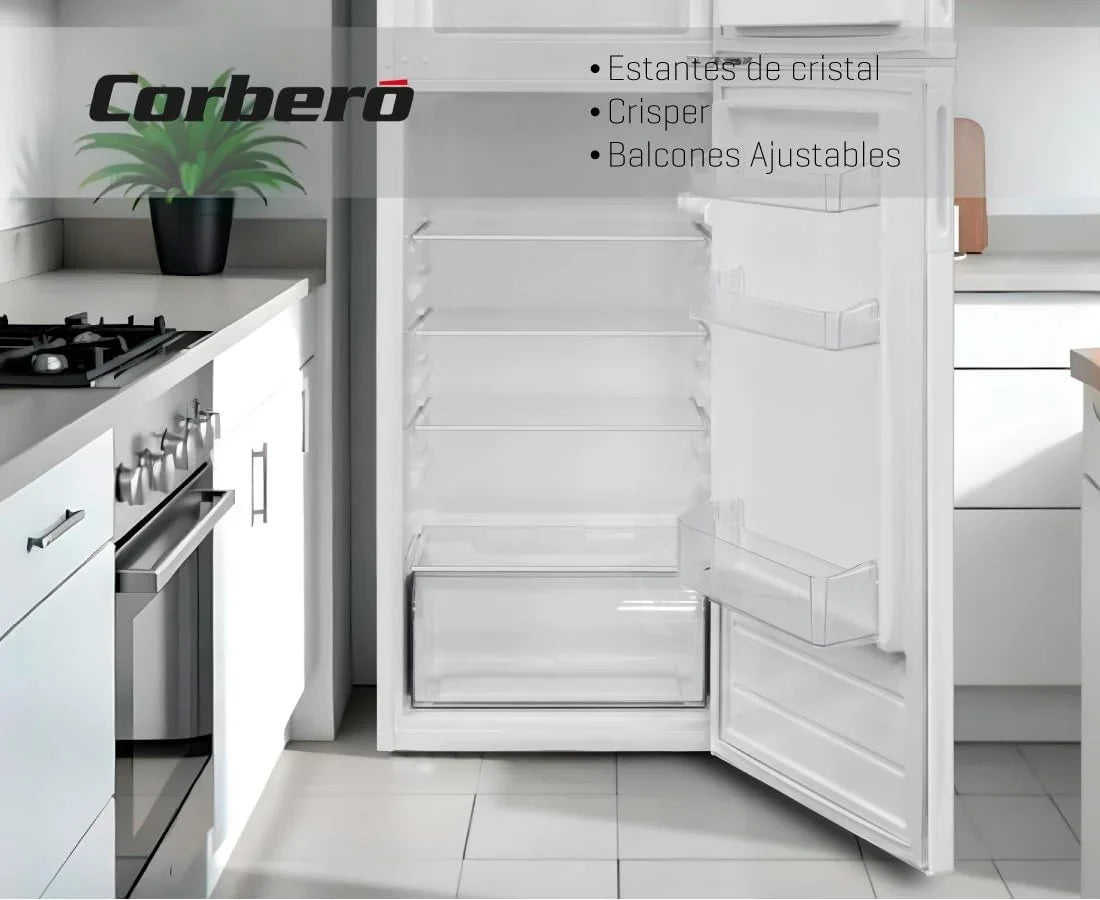 Corberó - Lodówka 2-drzwiowa | CF2PV21324W | 57x54x145 | Pojemność 212L | Oświetlenie wewnętrzne, pojemnik na warzywa, regulowane balkoniki, ręczne rozmrażanie, szklane półki, pojemnik na jajka, pojemniki na lód | Biała