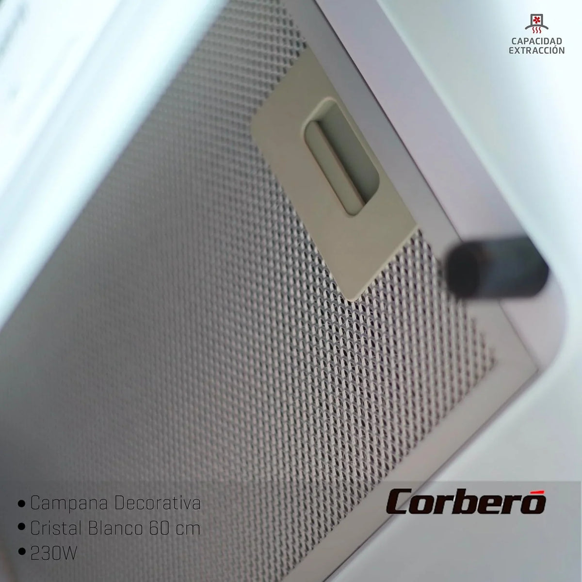 Corbero - Okap kuchenny 60 cm | ONEGA675W | 705,2 m3/h | 66db| 230W | 4 prędkości | Sterowanie dotykowe| Szkło hartowane | 1 Filtr aluminiowy + 1 Filtr węglowy | Biały
