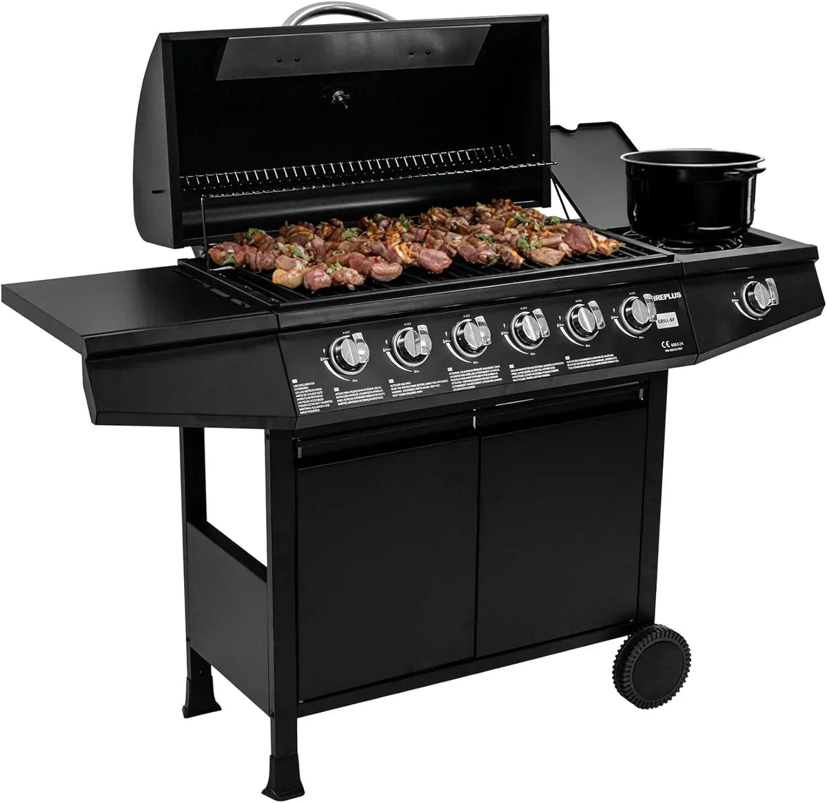 Amig - Grill gazowy Fireplus 3+1 8,4 kW - Czarna stal nierdzewna - Grill na kółkach Model GRILL-3F - Grill XXL z wózkiem i termometrem - 117x52x103cm - 4 palniki i boczna półka