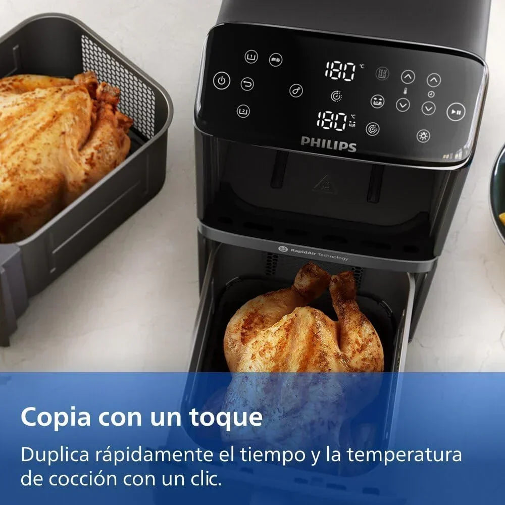 Philips Airfryer seria 4000 Podwójny pionowy kosz 10 l – Technologia RapidAir, synchronizacja, 2 kosze jednocześnie, 45% mniej miejsca, powłoka ceramiczna bez PFAS, okienka podglądu (NA460/00)