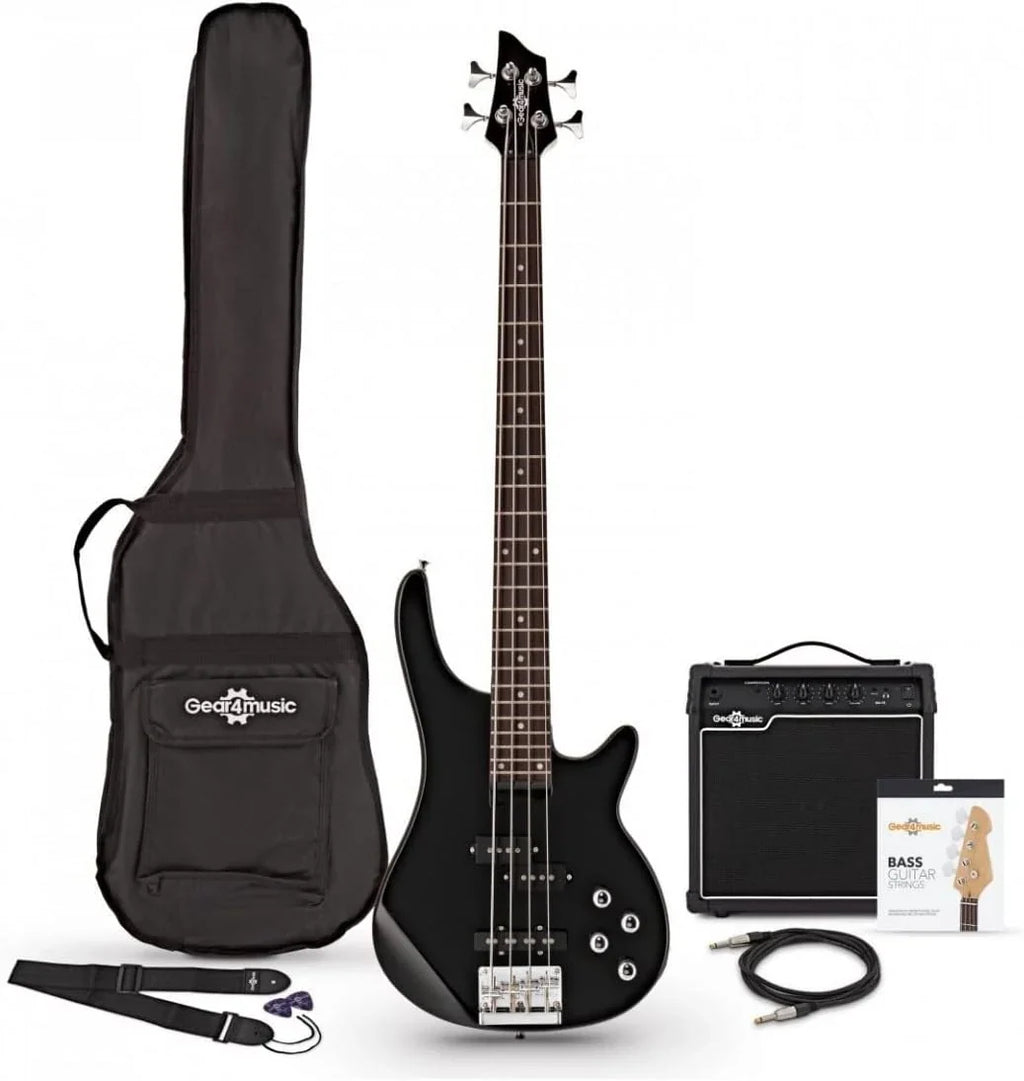 Gitara Basowa Elektryczna Chicago By Gear4music Z Wzmacniaczem 15 W, 4-strunowa, Czarna