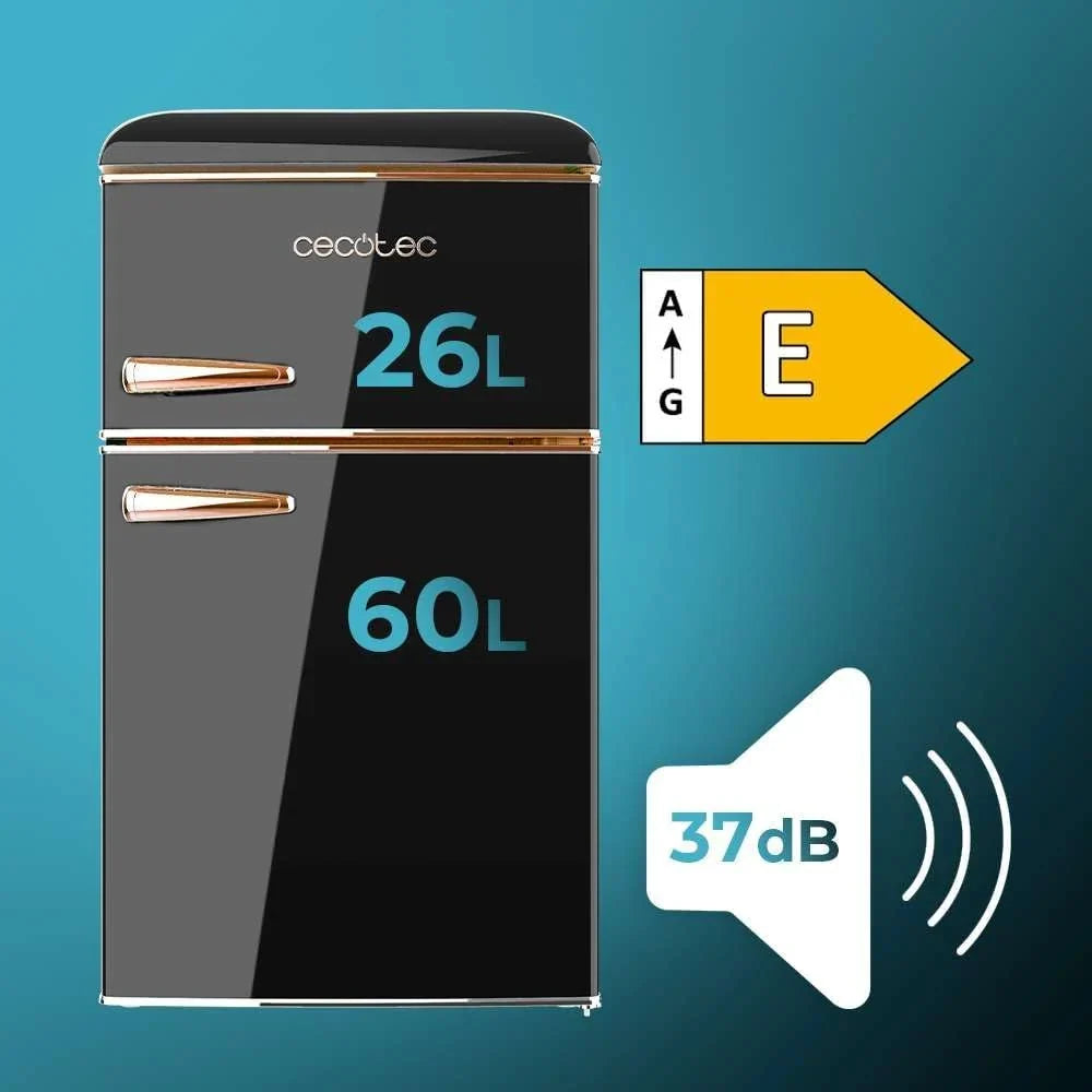 Cecotec Mała Lodówka z Zamrażarką 2-drzwiowa Retro 86L Bolero CoolMarket 2D Origin 86 Black E. Wysokość 89,3 cm i szerokość 48,7 cm, Klasa Energetyczna E, Icebox, Oświetlenie Wewnętrzne i Chromowany Uchwyt, Czarna