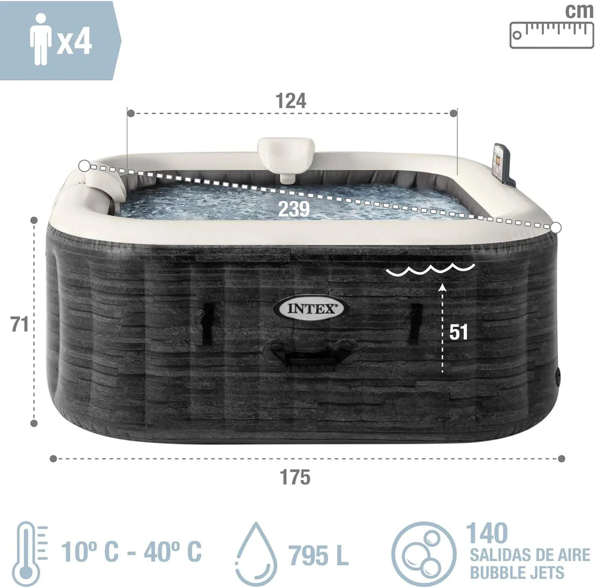 Nadmuchiwane kwadratowe spa Intex Greystone Deluxe dla 4 osób, 175x175x71 cm, grzałka 2200 W, bąbelki ciepłego powietrza, generator chloru, filtr S2 (1741 l/h), akcesoria w zestawie (55093)
