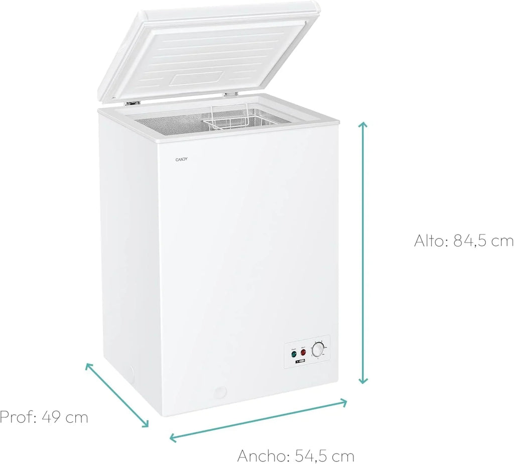 Candy CCHH 100E, Pozioma zamrażarka skrzyniowa, Szerokość 55CM, 97L, Technologia statyczna, 1 kosz, Zewnętrzne sterowanie elektroniczne, Wskaźnik temperatury, Alarm wzrostu temperatury, 39DB, Biała